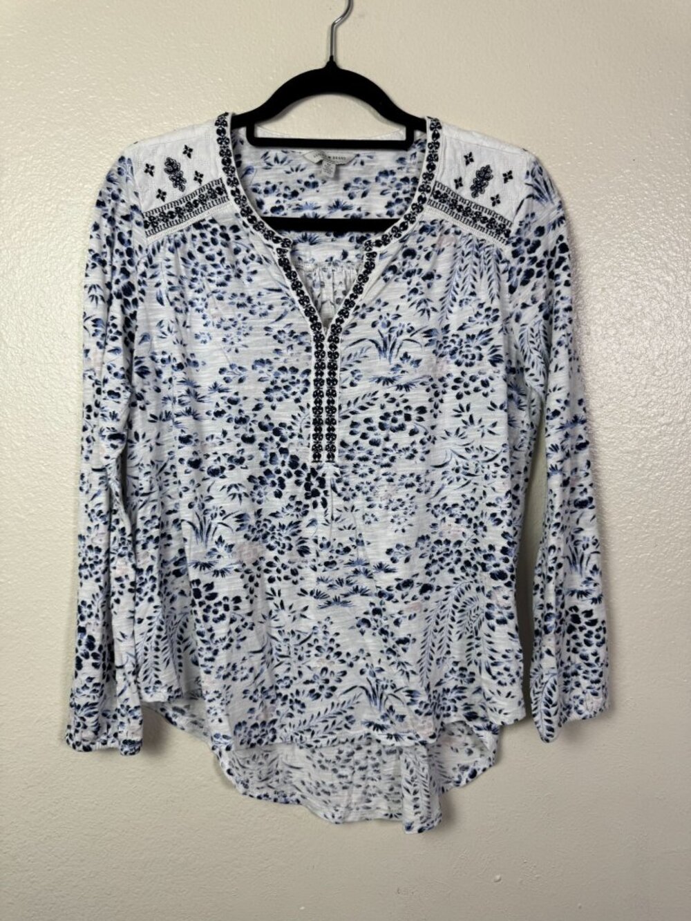 Lucky Brand Blue Floral Embroidered Long Sleeve Blouse Womens Medium Peasant